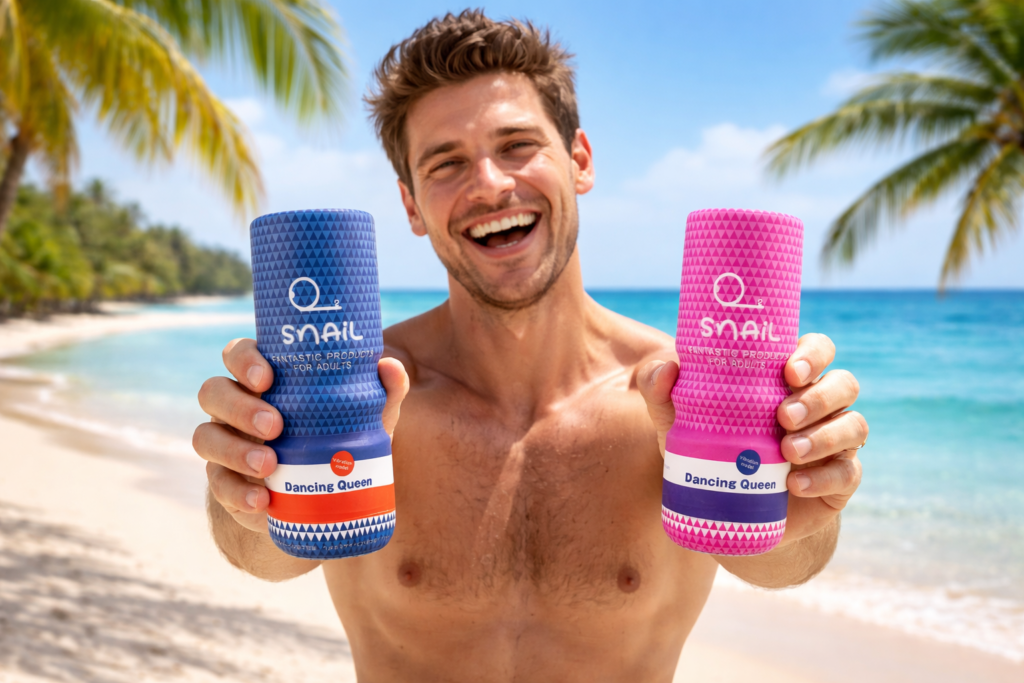man at beach with snail products